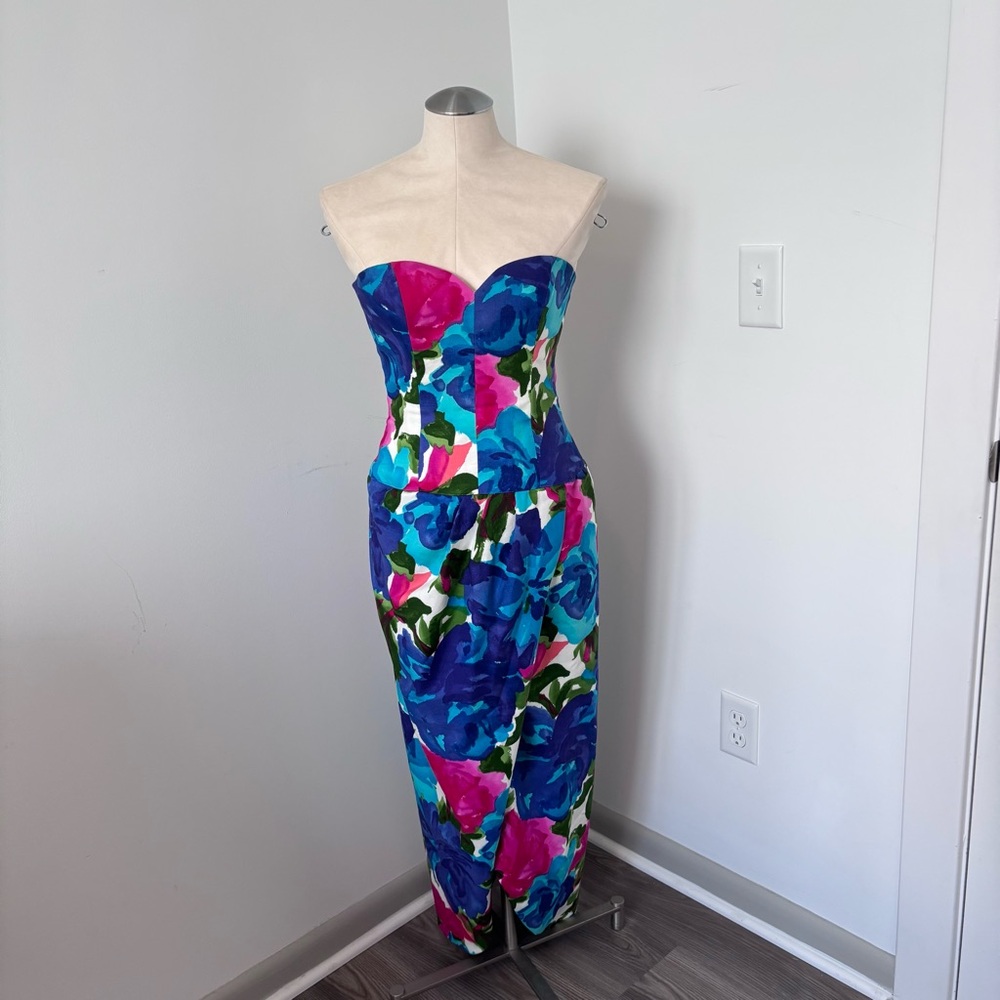 Victor Costa 80s/90s Strapless Floral Dress